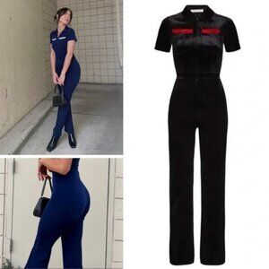PEACHY DEN Black Velvet Kernel Velvet Jumpsuit Black Size XS Red Detailing